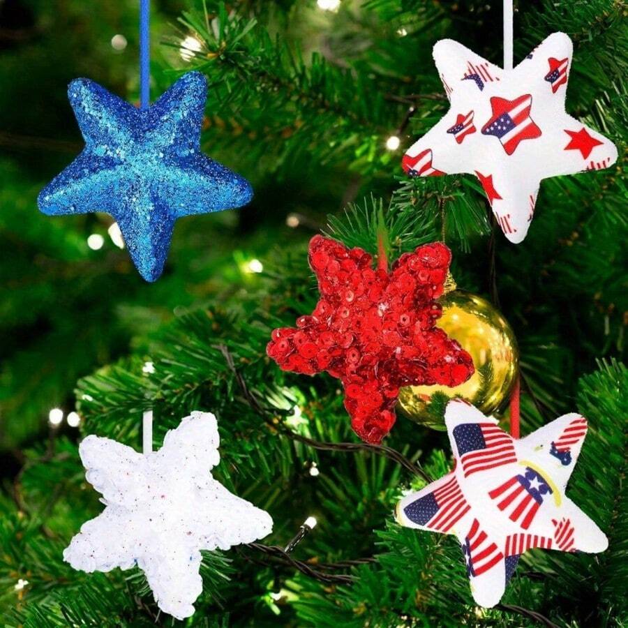 6pcs 4th Of July Patriotic Star Decorations, Red White Blue Glitter Mini American Stars, Suitable For Memorial Day, Veterans Day - 6Pcs - View 1