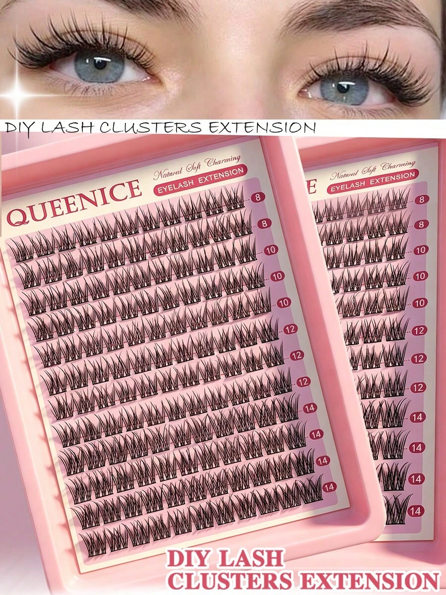 Queenice 144pcs D-Curl Natural Eyelash Extension Set, 8-14mm Soft & Thin Individual Cluster Lashes, Reusable Handmade Lightweight Comfortable Airy Lashes, Suitable For Daily Makeup, Dating, Wedding, Party, Holiday Gift And DIY - D - View 1