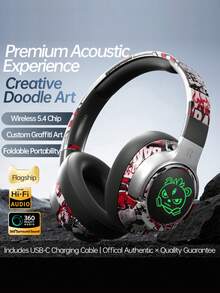 民族风涂鸦无线耳机，15小时超长续航，HiFi级降噪，低延迟，RGB炫酷灯效，蓝牙5.4游戏耳机 - 黑色 - 查看 1