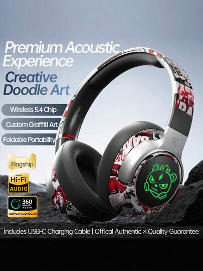 民族风涂鸦无线耳机，15小时超长续航，HiFi级降噪，低延迟，RGB炫酷灯效，蓝牙5.4游戏耳机