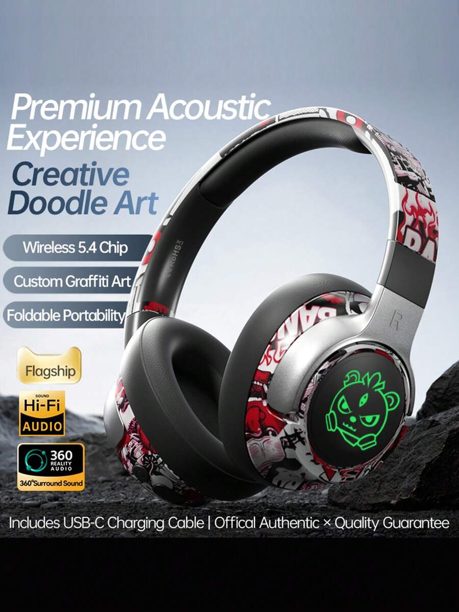 民族风涂鸦无线耳机，15小时超长续航，HiFi级降噪，低延迟，RGB炫酷灯效，蓝牙5.4游戏耳机 - 黑色 - 查看 1