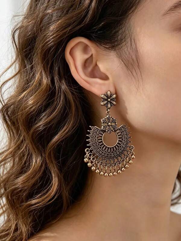 1 Pair Middle Eastern Style Retro Elegant Fan-Shaped Tassel Earrings, Suitable For Women's Festivals, Birthdays, Dates, Parties, Vacations, Shopping, And Daily Commute