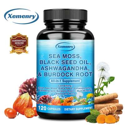 XEMENRY Sea Moss, Black Seed Oil, Ashwagandha And Burdock Root - Promotes Intestinal Health, Improves Mood, Anti-Aging - 120 Capsules