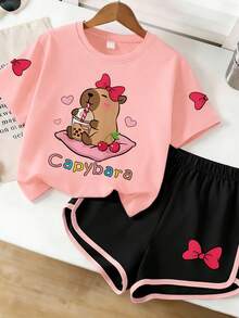 Bộ 2 món cho bé gái tuổi teen, kiểu dáng thường ngày, sáng tạo, in hình chuột lang nước và quần short, thích hợp cho kỳ nghỉ hè. - Hồng - Xem 2