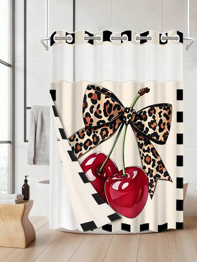 1pc Edgy Leopard Bow Cherry Double Layer Shower Curtain,Y2K Cherry Themed Bathroom Accessories Waterproof Polyester Bath Curtain With Liner, See-Through Top Portable Disassembly And Cleaning Design , No Hook Required,Suitable For Bathroom Decoration And Home Decoration