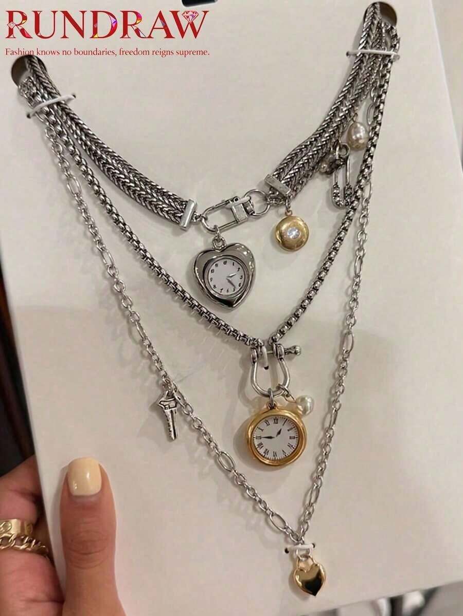 3pcs Vintage Heart-Shaped Clock Dial Pendant Necklace Set, Elegant Chain Necklace, Suitable For Daily Wear, Holiday Party Gift, Christmas Gift - Dây chuyền đồng hồ - Xem 1