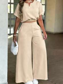 Conjunto de 2 piezas de top con escote entallado y pantalones de pierna ancha, casual y elegante para uso diario y vacaciones, primavera/verano - Albaricoque - Ver 4