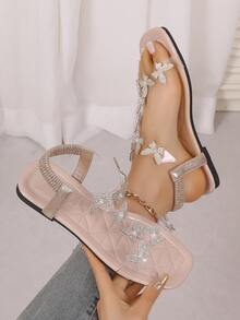 Teen Glitter Butterfly Ankle Strap Flats - Crystal & Pearl Dressy Sandals - Beige - View 1