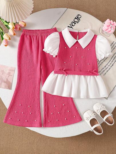 女童夏季花瓣袖撞色串珠衬衫领荷叶边下摆喇叭裤两件套