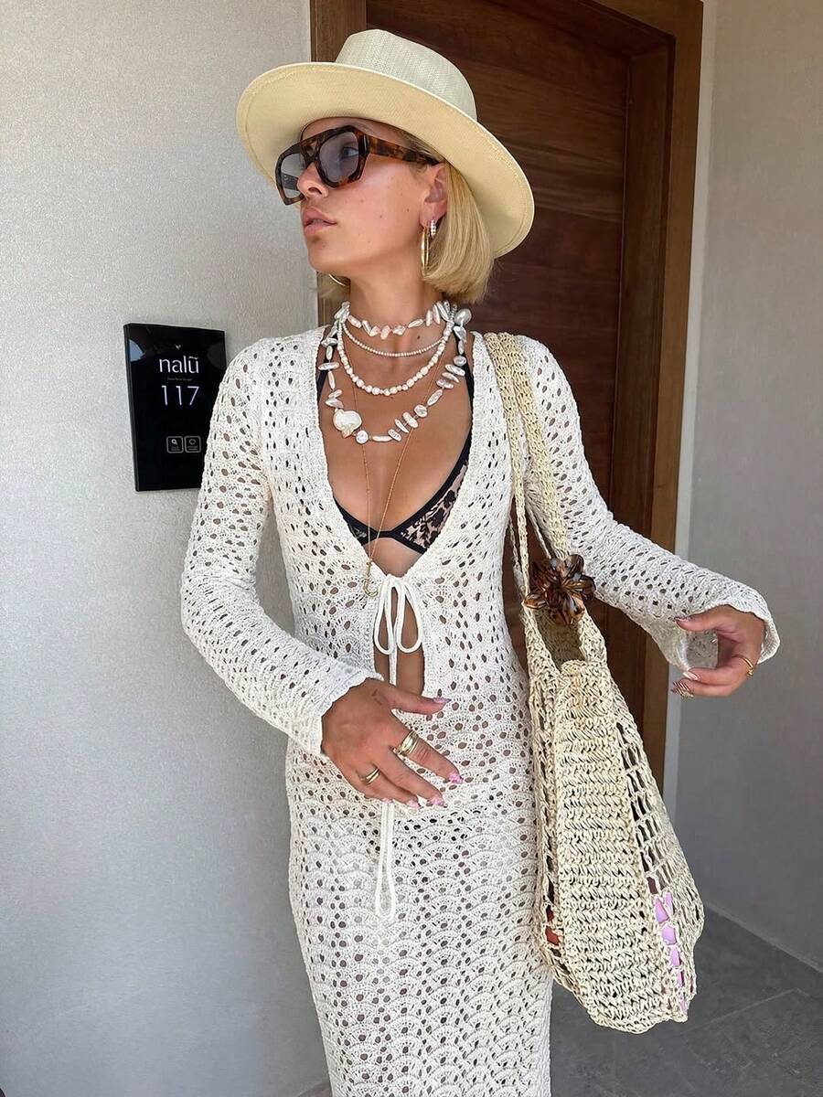 2026 New Arrival Women's White Deep V-Neck Tie-Waist Knit Maxi Dress, Flare Sleeve Design, Floor-Length Hem, Beach Resort Spring/Summer Style Vacation - White - View 1
