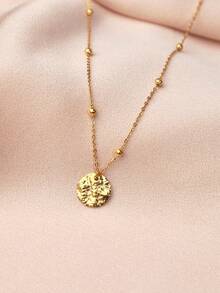 1 chiếc dây chuyền thép không gỉ mạ vàng bạc, mặt dây chuyền tròn dập nổi, kiểu dáng tối giản, khắc hình hang động, dây chuyền hạt cườm dành cho nữ. - Vòng cổ - Xem 4