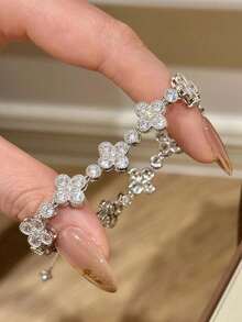 1件装不锈钢时尚四叶花手链，镶嵌锆石，精致珠宝，尽显女性奢华气质 - 彩色 - 查看 6