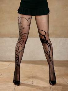 1双黑色蜘蛛网提花性感朋克哥特风渔网袜，日常穿着 - 彩色 - 查看 5