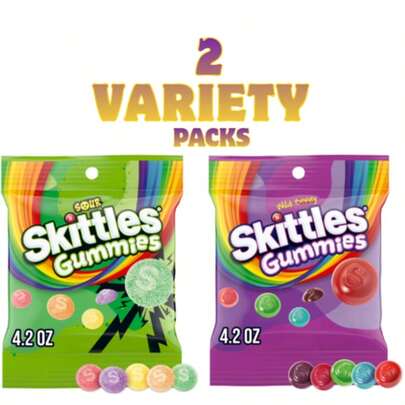 Skittles Gummies Sour Gummy Candy 4.2 Oz + Skittles Gummies Wild Berry Gummy Candy 4.2 Oz Variety Pack – Chewy Fruity Candy, 2 Pack