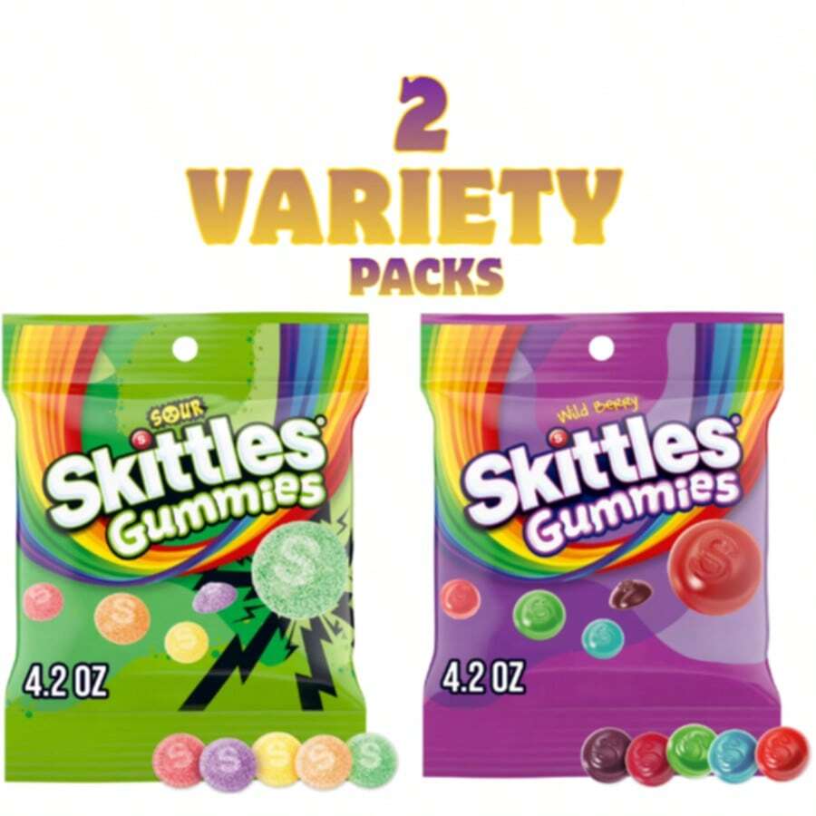 Skittles Gummies Sour Gummy Candy 4.2 Oz + Skittles Gummies Wild Berry Gummy Candy 4.2 Oz Variety Pack – Chewy Fruity Candy, 2 Pack - Gummy Candy - View 1