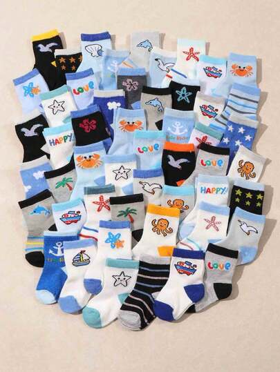 20/10/5 双装柔软婴儿/幼儿/儿童袜子，图案多样，包括海鸥、海豚、章鱼、海星和贝壳，舒适透气不勒脚，适合日常穿着，0-36 个月，是新生儿节日和新生儿派对的理想礼物，包含短袜、中筒袜、卡通袜、男女通用袜