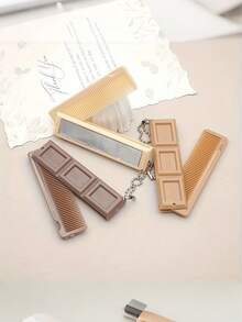 Milk Tea Color Cartoon Folding Comb With Mirror, Made Of ABS Material, Convenient For Students, Gatherings And Travel, Also A Perfect Holiday Gift,Festival,Birthday - Multicolor - View 4