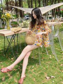 Summer New Loose Sweet 3/4 Sleeve Round Neck Doll Shirt, Fashionable Batwing Sleeve Floral Blouse Vacation Spring - Ginger - View 10