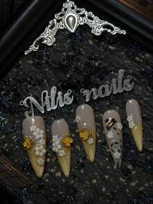 10 pièces Kit d'ongles acryliques stiletto, ongles jaune moutarde, avec le thème "Mer de fleurs de printemps & Abeilles", convient pour le port au printemps et en été. Style fille douce & vitalité dynamique, convient pour les fêtes, les cérémonies, les festivals, l'usage quotidien - Jaune moutarde - Voir 7
