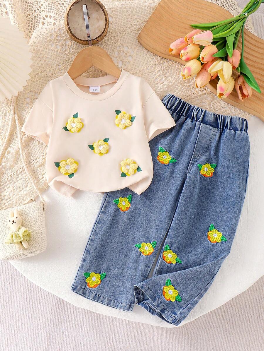 2pcs Young Girls Casual Apricot Short Sleeve Top & Embroidered Denim Long Pants Set, Thin Spring/Summer Outdoor - Apricot - View 1