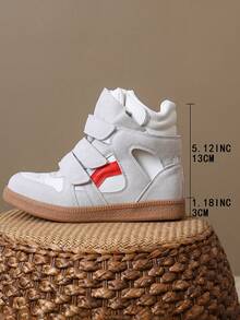 2026新款女士高帮运动鞋，黑色圆头平底休闲鞋，秋冬季款，魔术贴搭扣隐形鞋跟 - 白色 - 查看 5