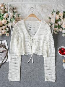 Áo khoác mùa hè dệt kim khoét lỗ dành cho nữ, áo khoác dài tay dáng ngắn buộc dây phía trước, phong cách Y2K thoải mái màu trắng. - Màu be - Xem 5