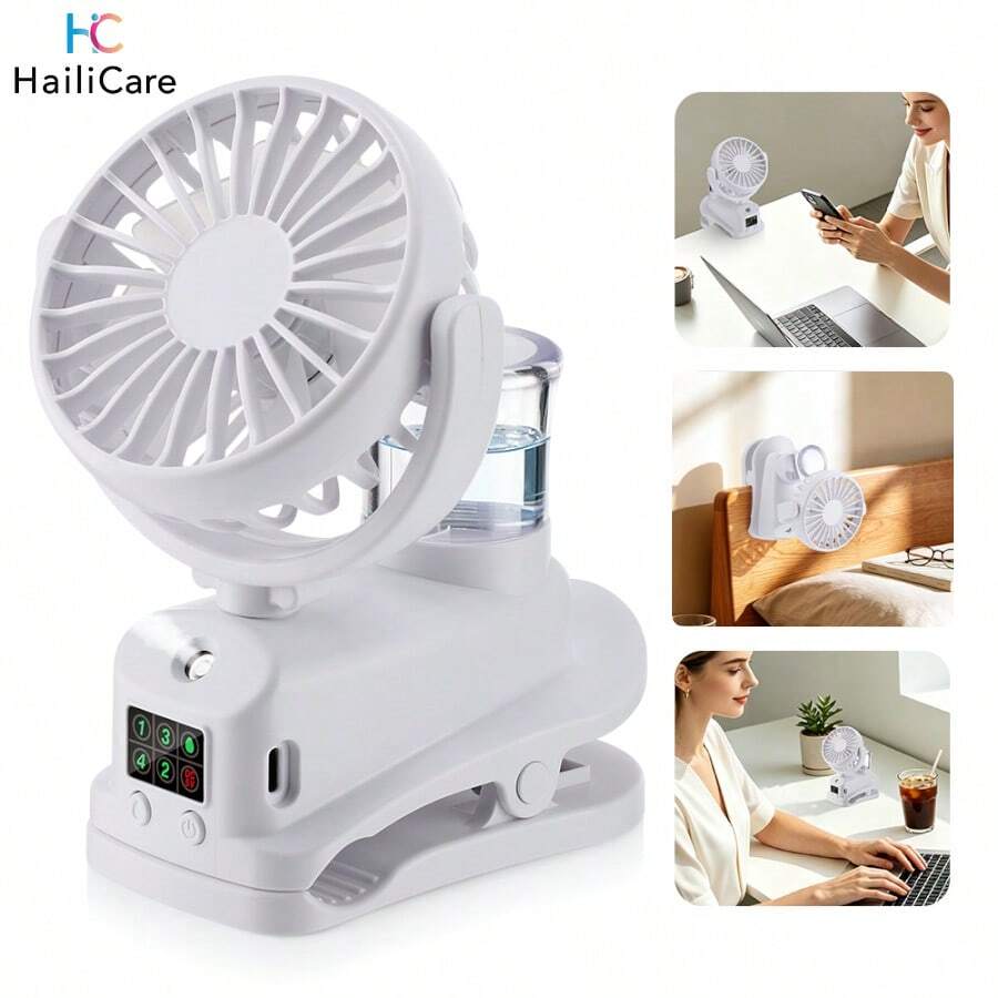 Hailicare Humidificador portátil, ventilador de escritorio y de clip de doble uso, 4 velocidades de viento ajustables, ventilador de niebla recargable por USB, adecuado para dormitorio y oficina, diseño de moda portátil de enfriamiento, mejor regalo para el verano - Con clip - Ver 1