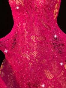 女士性感单肩蕾丝水钻紧身弹力无袖迷你连衣裙，适合夜店派对和俱乐部穿着 - 玫紅色 - 查看 4