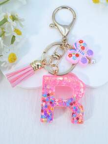 1pc Resin Letter Keychain With Butterfly & Pearl Decor, Minimalist Bag Charm, Holiday Gift For Women A-Z - Baby Pink - View 10