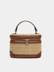1pc Fashion Commuter Handbag, Leather & Woven Fabric Shoulder Bag, Structured Design, Niche Travel Vacation Style Crossbody Bag, Straw Box Bag - Khaki - View 8