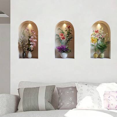 Bộ 3/6 miếng dán tường hình bình hoa tinh tế có thiết kế hốc cong, có thể tháo rời, tự dính và chống thấm nước, rất thích hợp để trang trí phòng khách, phòng ngủ và cầu thang.