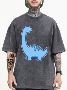 Dinosaur Cartoon Print Men's U-Neck-Shirt, With A Fun And Cute Design, Suitable Spring, Summer, And Autumn, Young People Who Love Retro And Casual Styles - Orange - View 8