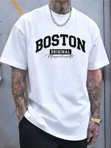100 Percent Cotton Men's Original Design T-Shirt |   Soft And Breathable Short-Sleeve Round Neck Shirt, Featuring A Striking "Boston" Print, Suitable For All Seasons, Making It An Ideal Choice For Casual Wear And Holidays Such As Christmas, Easter, Halloween, And Thanksgiving - 白色 - 查看 9