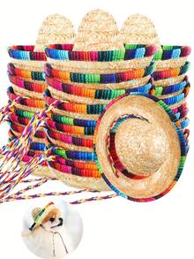 Wide Brim Natural Straw Hat Suitable For Theme Parties, Mini Mexican Hat, Decorative Straw Hat With Colorful Ropes, Ideal For Birthday Celebrations, Costume Matching, And Pet Use - Multicolor - View 1