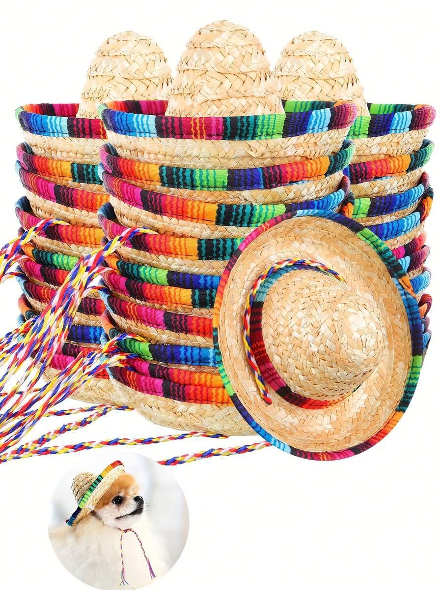 Wide Brim Natural Straw Hat Suitable For Theme Parties, Mini Mexican Hat, Decorative Straw Hat With Colorful Ropes, Ideal For Birthday Celebrations, Costume Matching, And Pet Use - Multicolor - View 1
