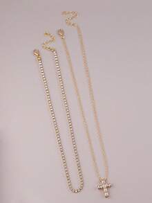 Set de 2 collares con colgante de cruz incrustado de circonita y cadena de cristal, adecuado para uso diario, citas, festivales de música, eventos religiosos, fiestas y superposición de collares de mujer - Amarillo Oro - Ver 11