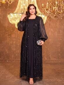 Vestido de noche de satén con cuello Mao, manga larga y aplicaciones de strass hechas a mano para mujer SUPGIR - Negro - Ver 5