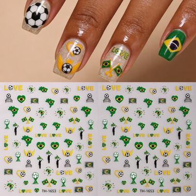 2pcs Brazil World Cup Football Themed Nail Stickers, Energetic Football Nail Art For Spring/Summer, Ideal For DIY Nails Supporting Your Favorite Team During World Cup