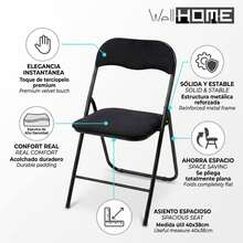Well Home Folding Velvet Chair, Black, 40x38cm Seat, Padded, Metal Frame - Black - View 2