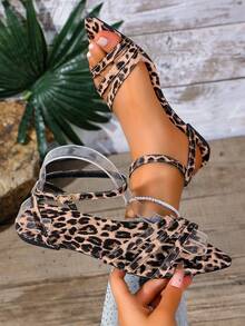 New Summer Pointed Toe Multi-Strap Buckle Ankle Strap Design Sandals, French Elegant Style For Daily, Commute, Date, Red, Burgundy, Black, Gold - Brown Leopard Print - View 7