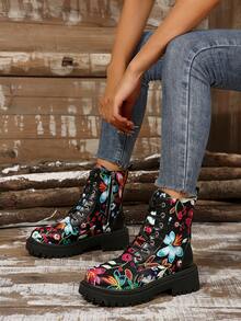 Girl's Fashionable Ankle Boots, Floral Lace-Up Unisex Ankle Boots, Combat Style Streetwear Boots - Black - View 3