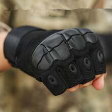 1pc Men's Tactical Half Finger Gloves, With Joint Protection Pads, Polyester Knit Fabric, Touch Screen Compatible, Non-Slip Palm, Suitable For Combat Training, Climbing, Cycling - Washable, With Hook & Loop Closure. - Black - View 1