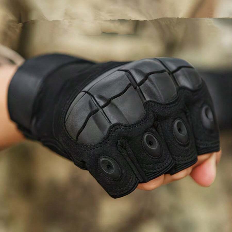 1pc Men's Tactical Half Finger Gloves, With Joint Protection Pads, Polyester Knit Fabric, Touch Screen Compatible, Non-Slip Palm, Suitable For Combat Training, Climbing, Cycling - Washable, With Hook & Loop Closure. - Black - View 1