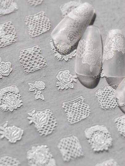 1 Piece Of 5D Cute Lace Nail Art Stickers, White Japanese-Style Rose Nail Art Decorative Decals, Handmade Nail Art Accessories