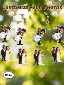 7pcs Custom Photo Wedding Banner Personalized Bride Groom Bunting,Personalized Custom Face Wedding Garland Funny Couple Caricature Decor,Custom Text Wedding Banner Bride Groom Caricature Hanging Decor - Multicolor - View 2