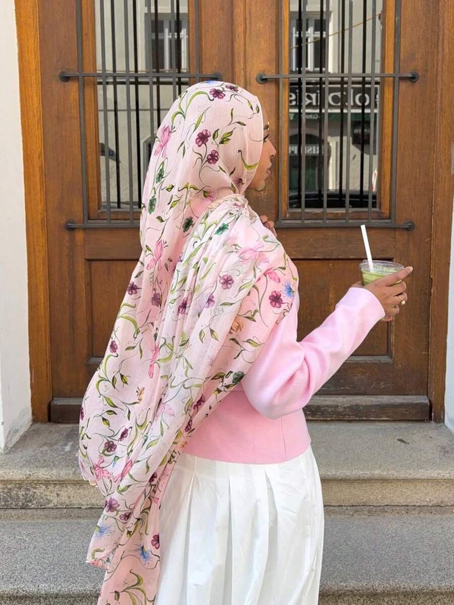 1件印花头巾，时尚优雅简约清新女士围巾，轻盈头巾，适合日常佩戴和祈祷（罩袍） - 粉色 - 查看 1