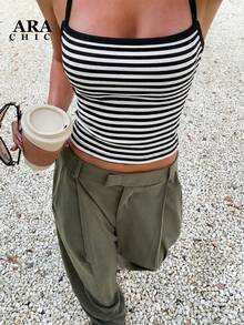 ARA CHIC 女士黑白条纹性感交叉吊带背心，高弹力修身休闲运动百搭背心，2026 春季新品 - 黑與白 - 查看 10