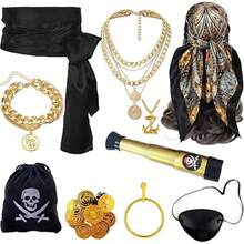 1/5/8/10件套女式海盗服装配饰套装，圣诞海盗装，女式圣诞海盗服装，男式海盗角色扮演圣诞派对服装及配饰，海盗头带、腰带、项链、眼罩、耳环，适合角色扮演、化装舞会、万圣节等场合。 - 彩色 - 查看 8