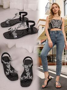 Teen Glitter Butterfly Ankle Strap Flats - Crystal & Pearl Dressy Sandals - Black - View 3