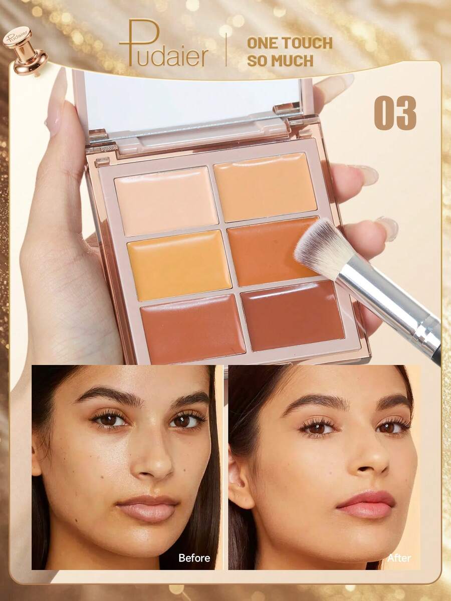 Pudaier 6-Color Concealer Palette With Brush, Multi-Functional Long-Lasting Full Coverage Contour & Color Correcting Palette, High Pigment Creamy Texture Concealer, Suitable For Dark Circles And Blemishes, Perfect For Daily Makeup And Parties - 03 - View 1